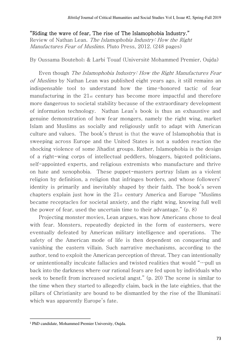 Pdf Review Of Nathan Lean The Islamophobia Industry How The Right Manufactures Fear Of Muslims