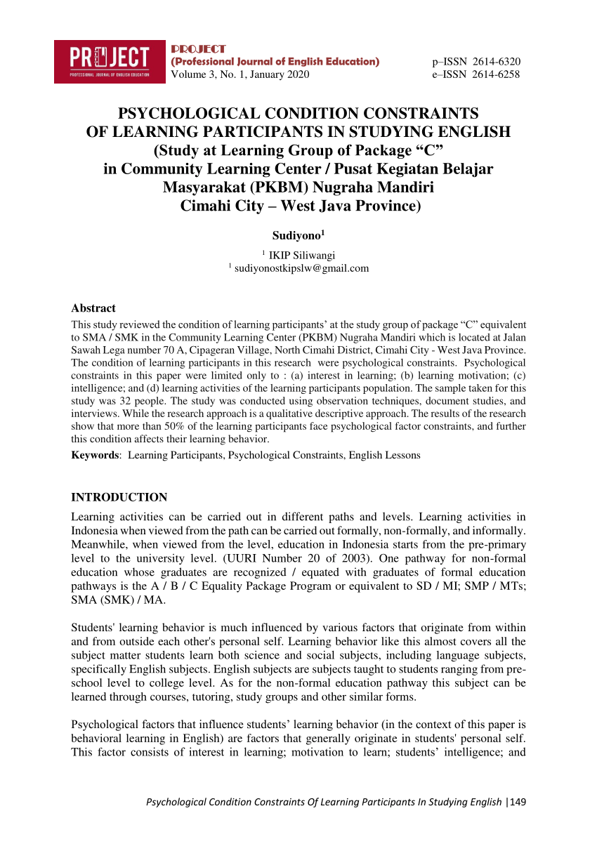 Pdf Psychological Condition Constraints Of Learning Participants In Studying English Study At Learning Group Of Package C In Community Learning Center Pusat Kegiatan Belajar Masyarakat Pkbm Nugraha Mandiri Cimahi City