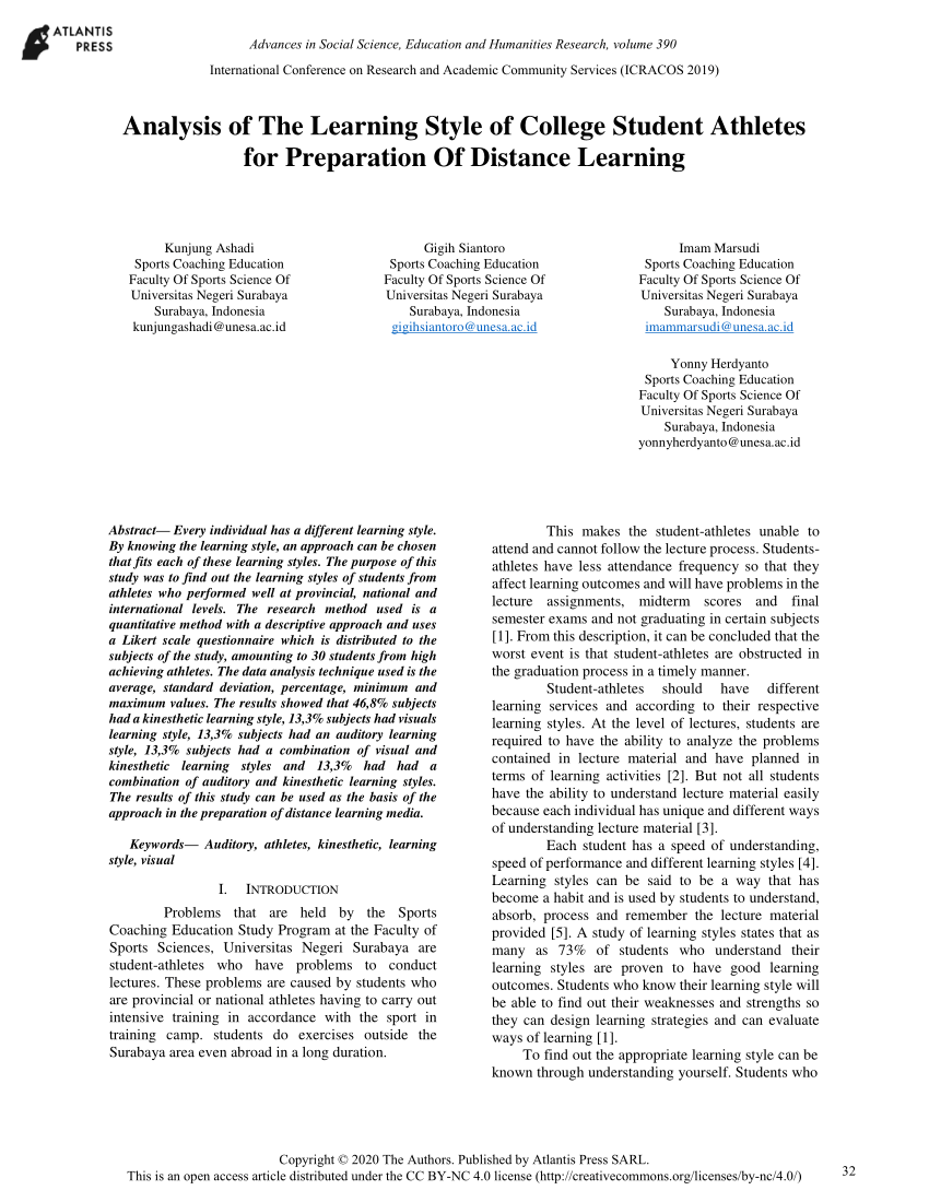 Pdf Analysis Of The Learning Style Of College Student Athletes For Preparation Of Distance Learning