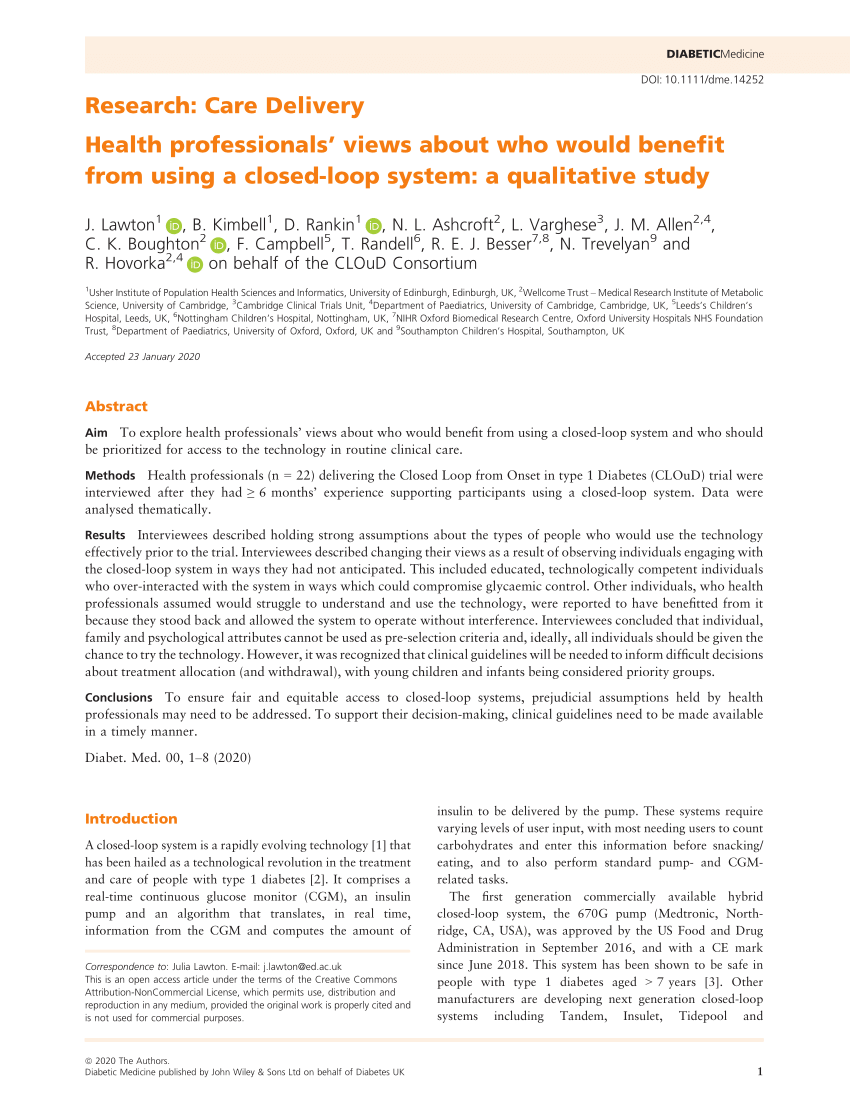 Pdf Health Professionals Views About Who Would Benefit From Using A Closed Loop System A Qualitative Study