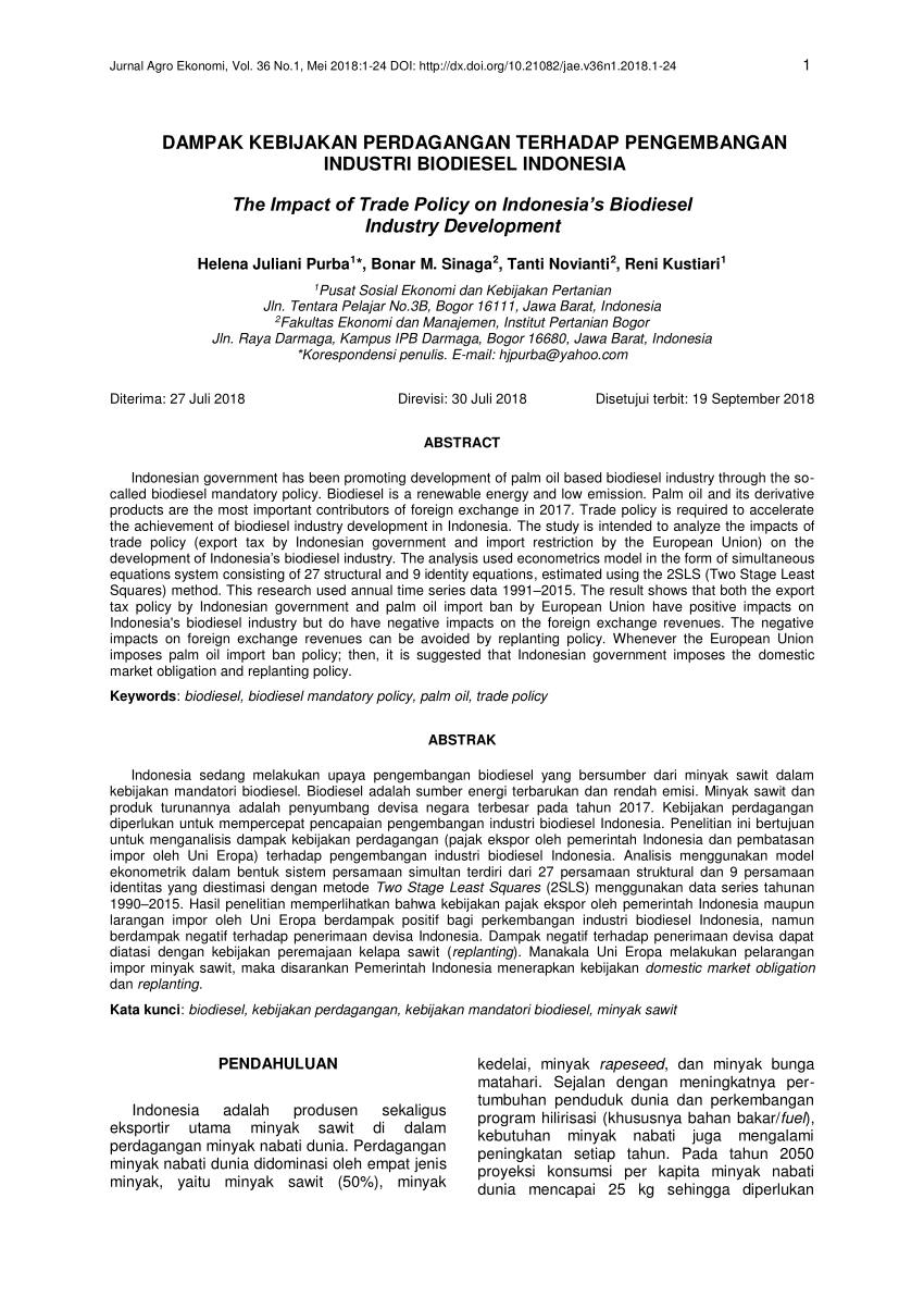 Pdf Dampak Kebijakan Perdagangan Terhadap Pengembangan Industri Biodiesel Indonesia