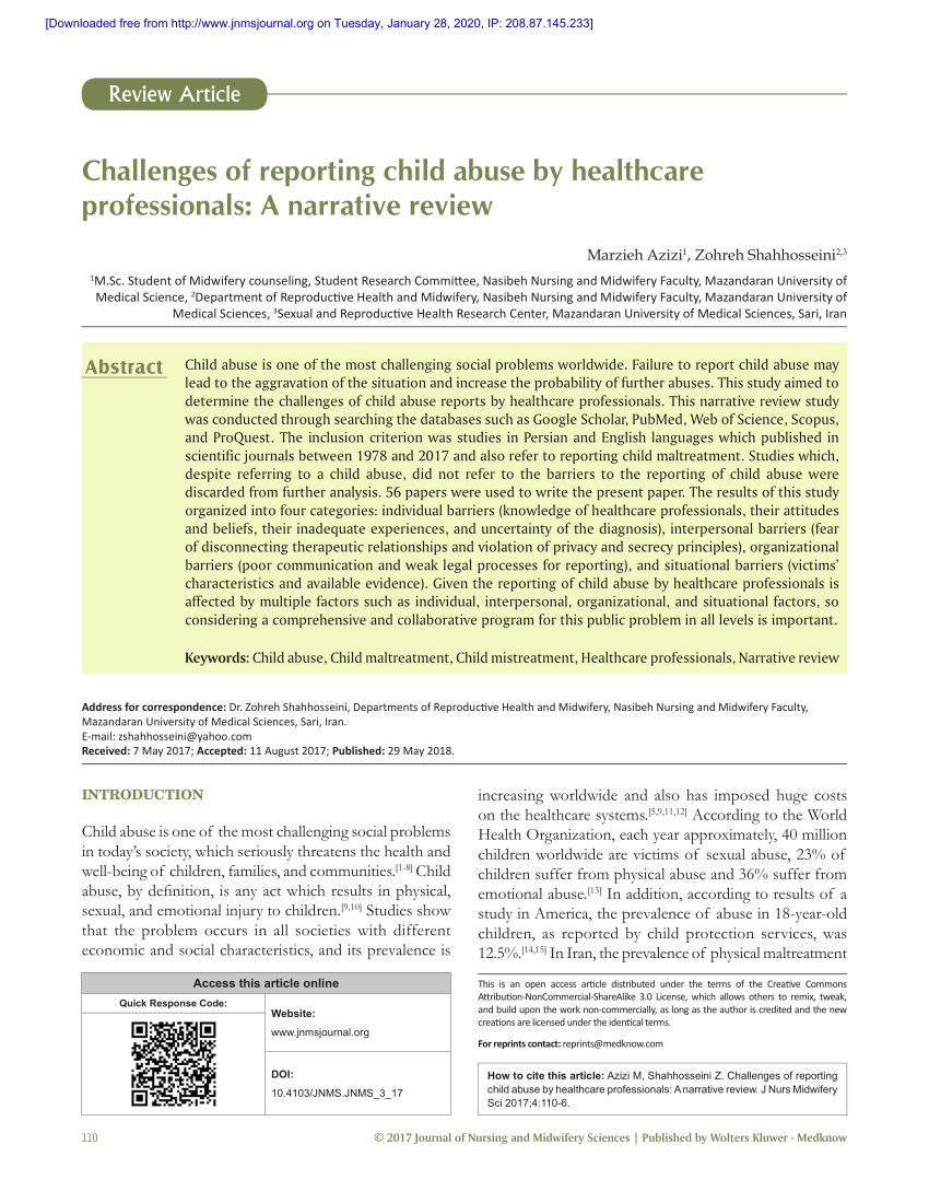 PDF) Challenges of reporting child abuse by healthcare professionals A narrative review