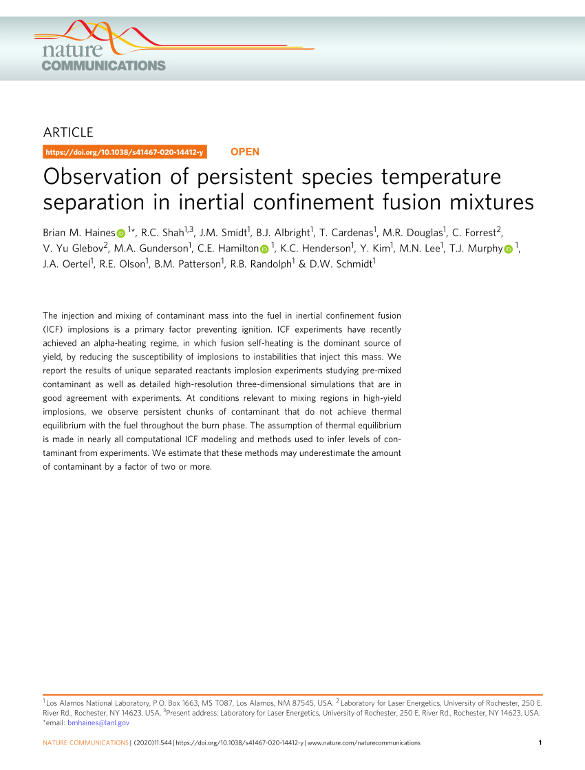 Pdf Observation Of Persistent Species Temperature Separation In Inertial Confinement Fusion Mixtures
