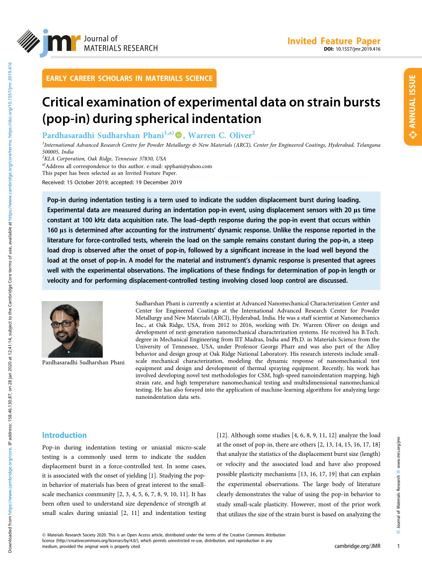 Pdf Critical Examination Of Experimental Data On Strain Bursts Pop In During Spherical Indentation