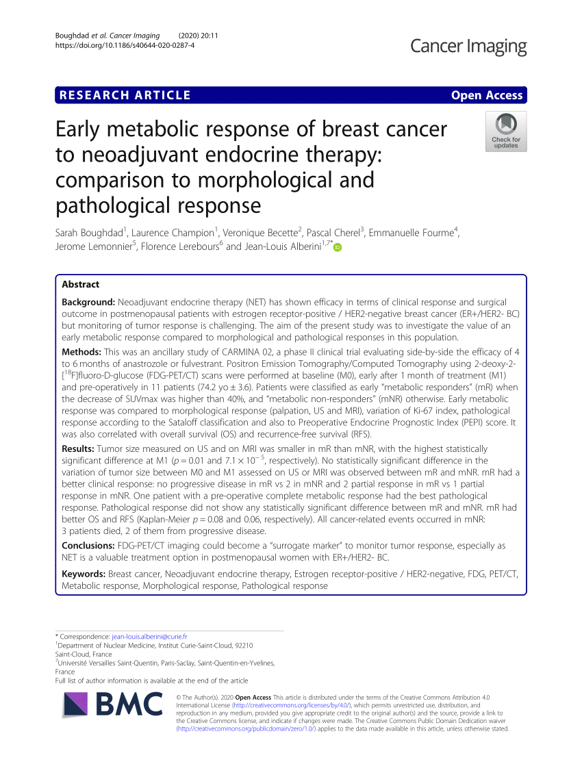 Pdf Early Metabolic Response Of Breast Cancer To Neoadjuvant Endocrine Therapy Comparison To
