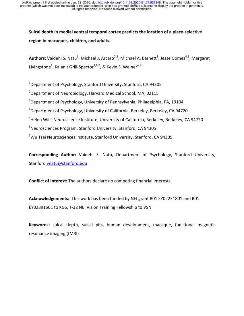 Pdf Sulcal Depth In Medial Ventral Temporal Cortex Predicts The Location Of A Place Selective Region In Macaques Children And Adults