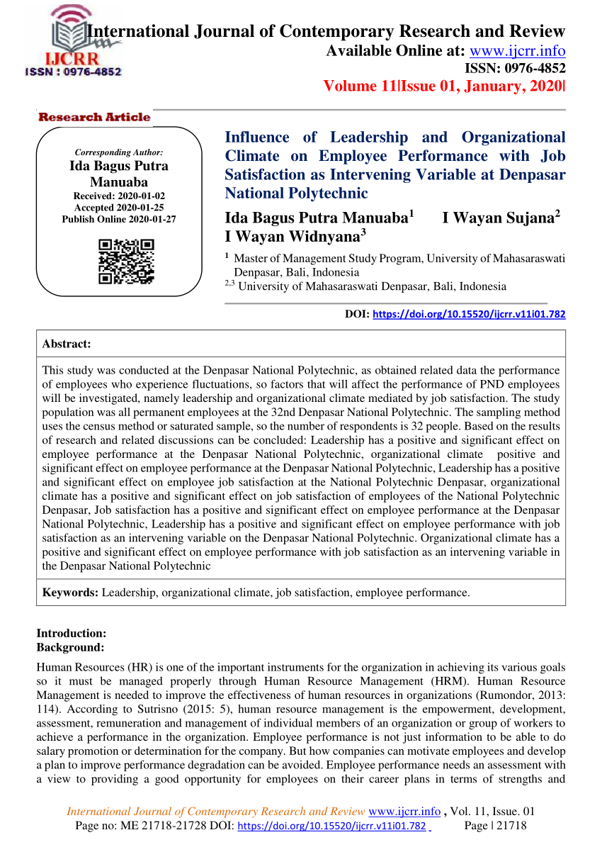 Pdf Influence Of Leadership And Organizational Climate On Employee Performance With Job Satisfaction As Intervening Variable At Denpasar National Polytechnic