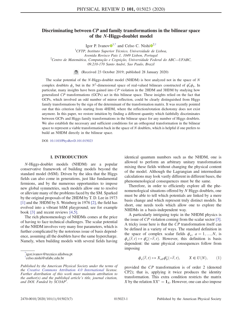 Pdf Discriminating Between C P And Family Transformations In The Bilinear Space Of The N Higgs Doublet Model