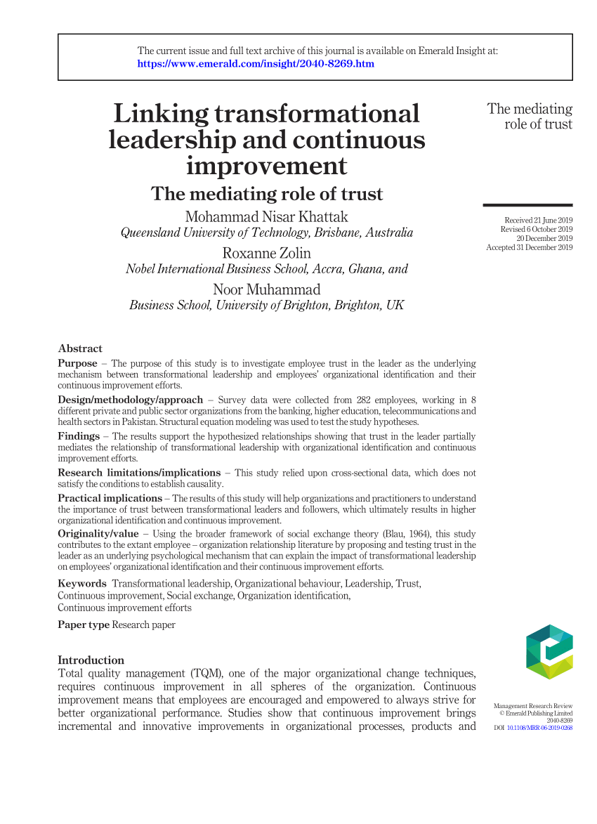 Basement Easygoing chop PDF) Linking transformational leadership and continuous improvement: The  mediating role of trust | ResearchGate