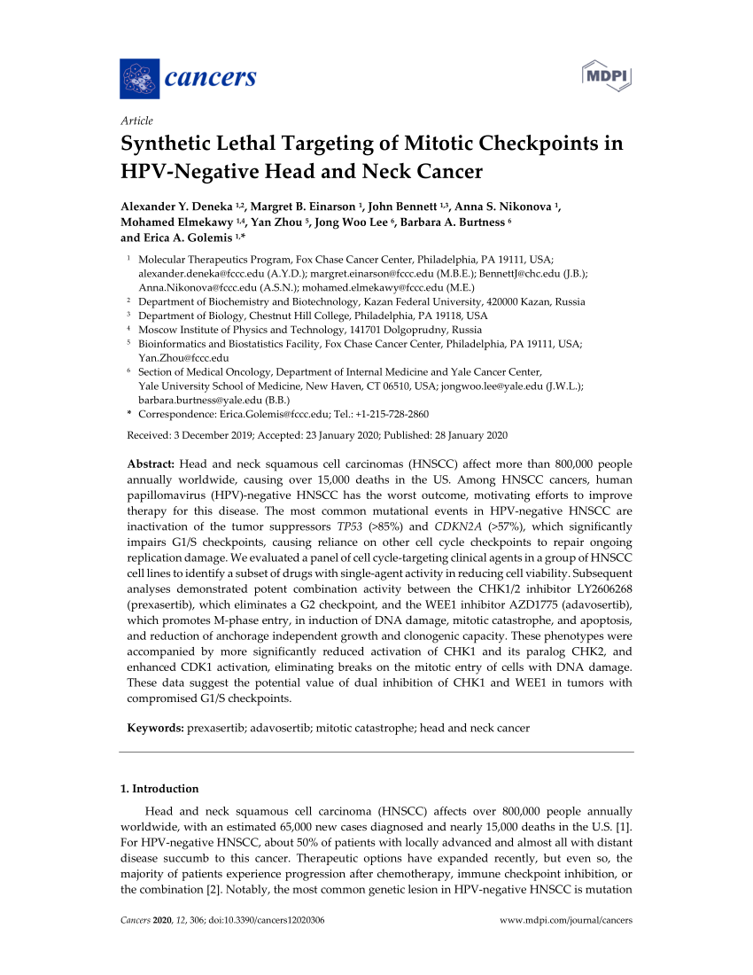 PDF) Synthetic Lethal Targeting of Mitotic Checkpoints in HPV ...
