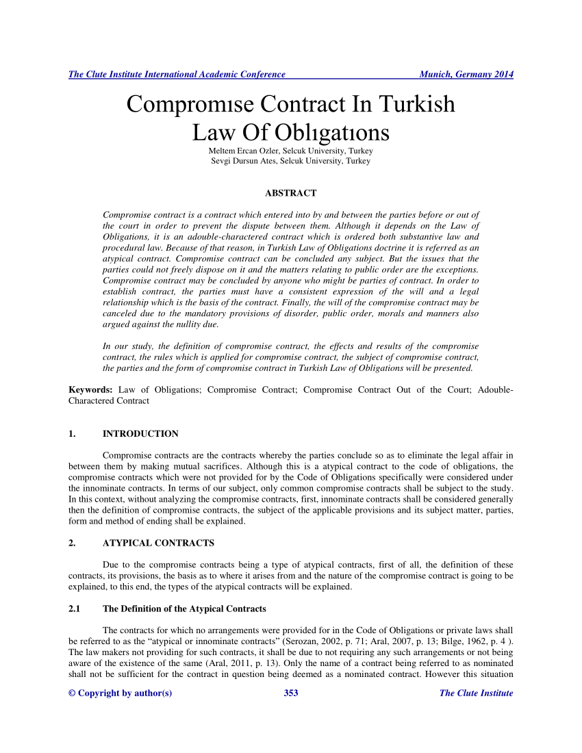 (PDF) Compromise Contract in Turkish Law of Obligations