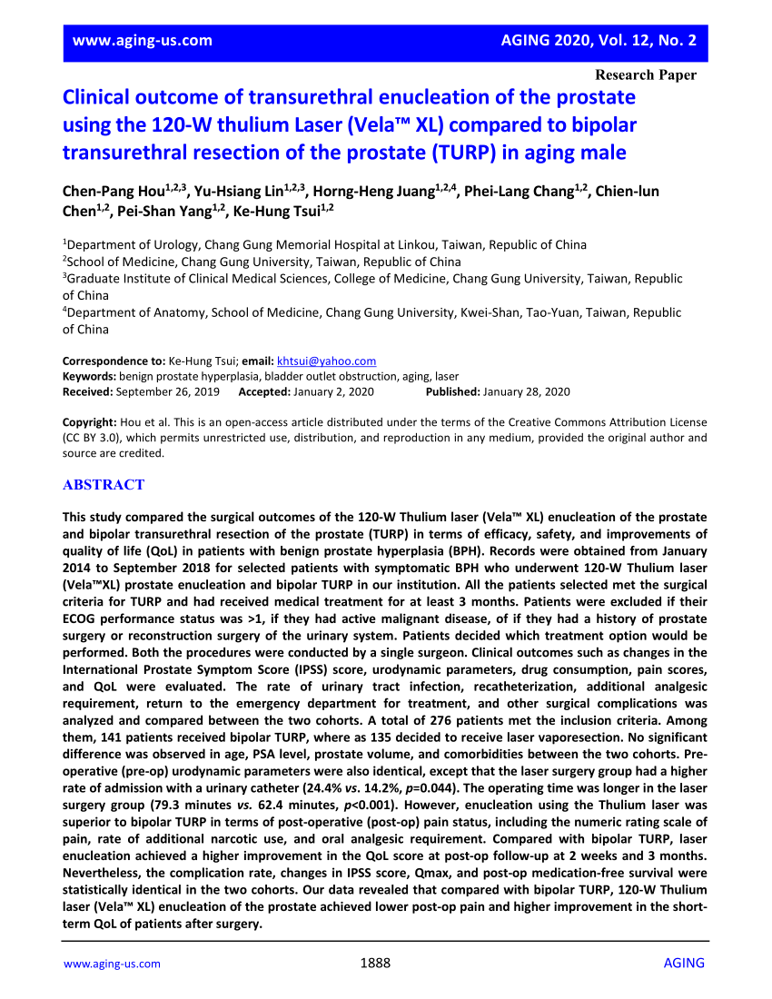 Pdf Clinical Outcome Of Transurethral Enucleation Of The Prostate Using The 120 W Thulium 3950