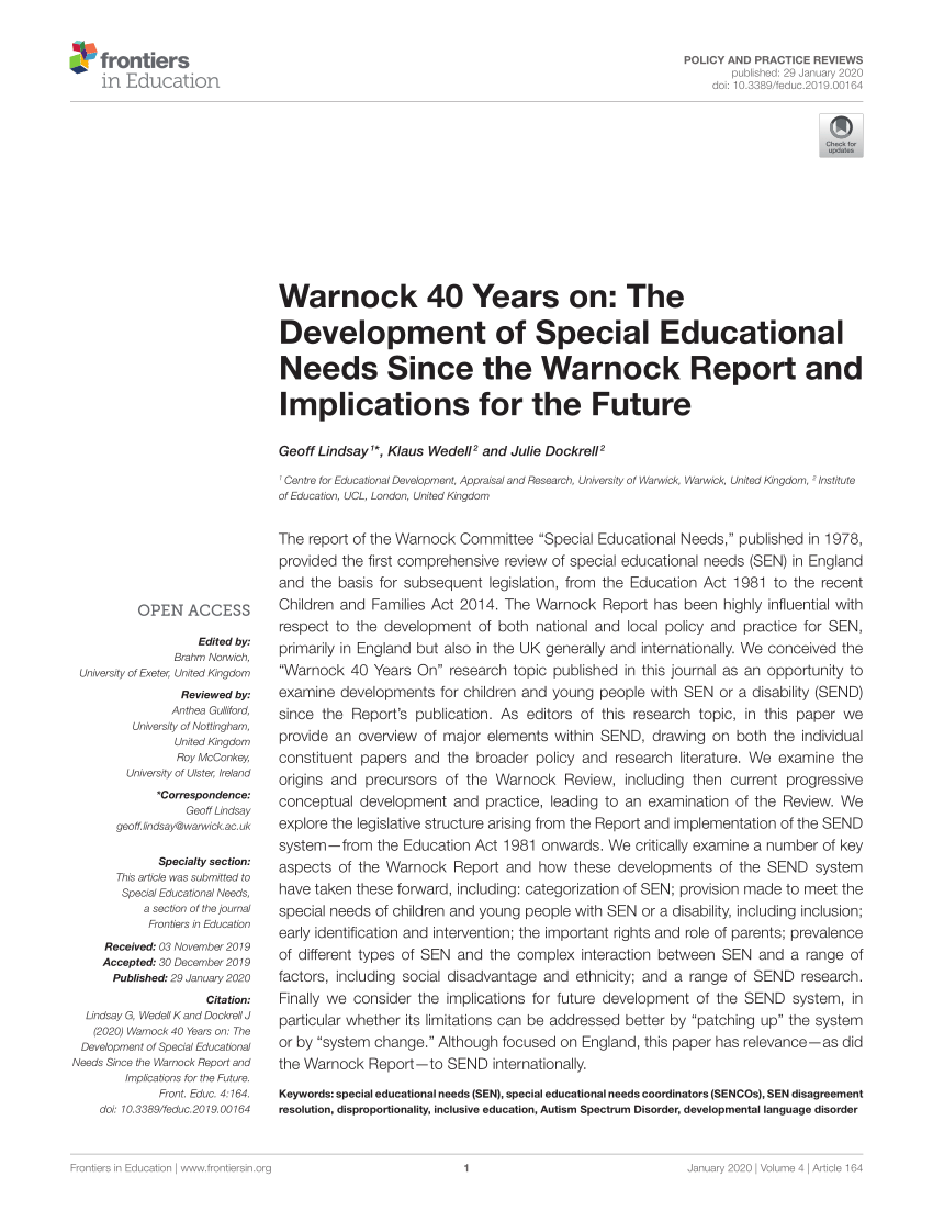Pdf Warnock 40 Years On The Development Of Special Educational