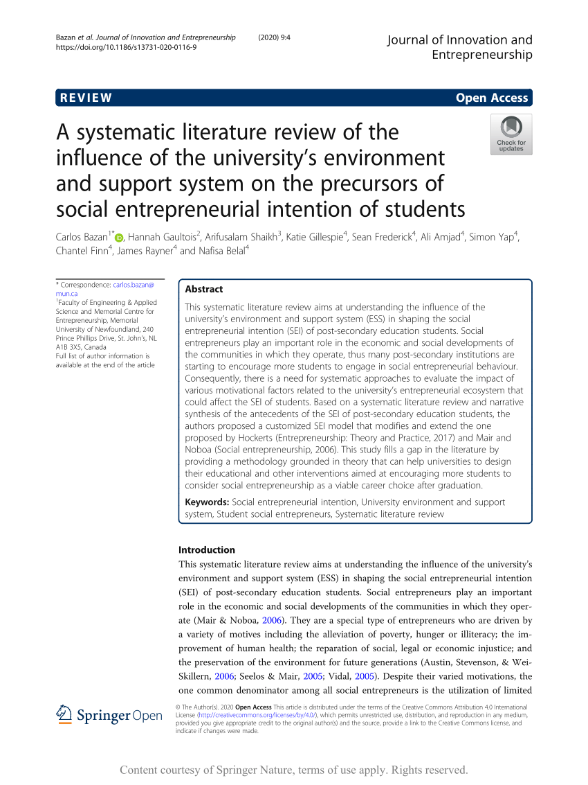 Pdf A Systematic Literature Review Of The Influence Of The University S Environment And Support System On The Precursors Of Social Entrepreneurial Intention Of Students
