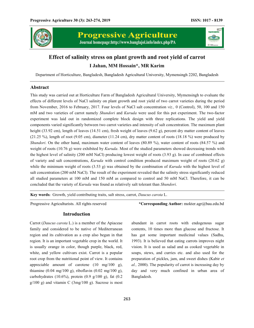 (PDF) Effect of salinity stress on plant growth and root yield of carrot