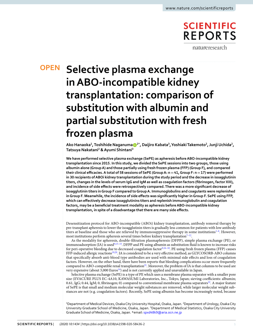 Pdf Selective Plasma Exchange In Abo Incompatible Kidney Transplantation Comparison Of Substitution With Albumin And Partial Substitution With Fresh Frozen Plasma