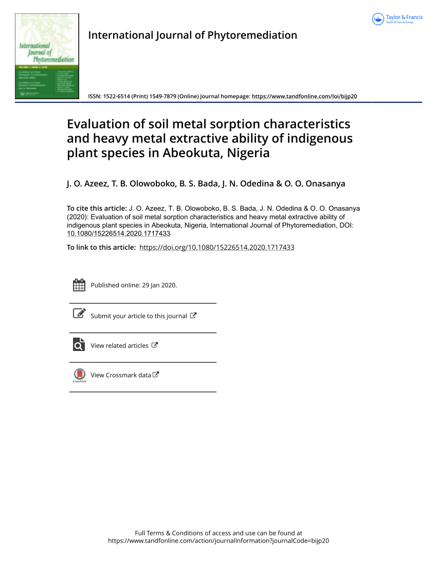 Pdf International Journal Of Phytoremediation Evaluation Of Soil Metal Sorption Characteristics And Heavy Metal Extractive Ability Of Indigenous Plant Species In Abeokuta Nigeria Evaluation Of Soil Metal Sorption Characteristics And Heavy Metal