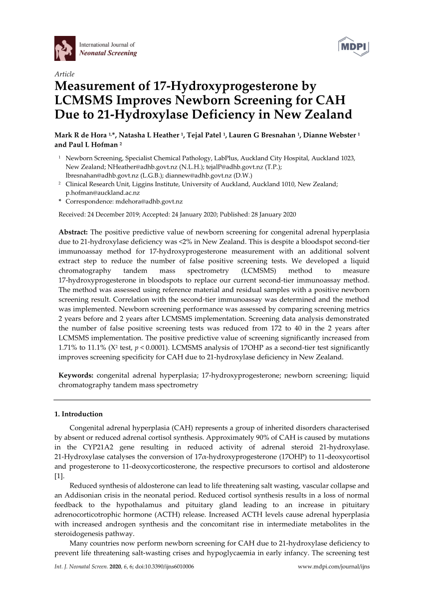 Pdf Measurement Of 17 Hydroxyprogesterone By Lcmsms Improves Newborn Screening For Cah Due To