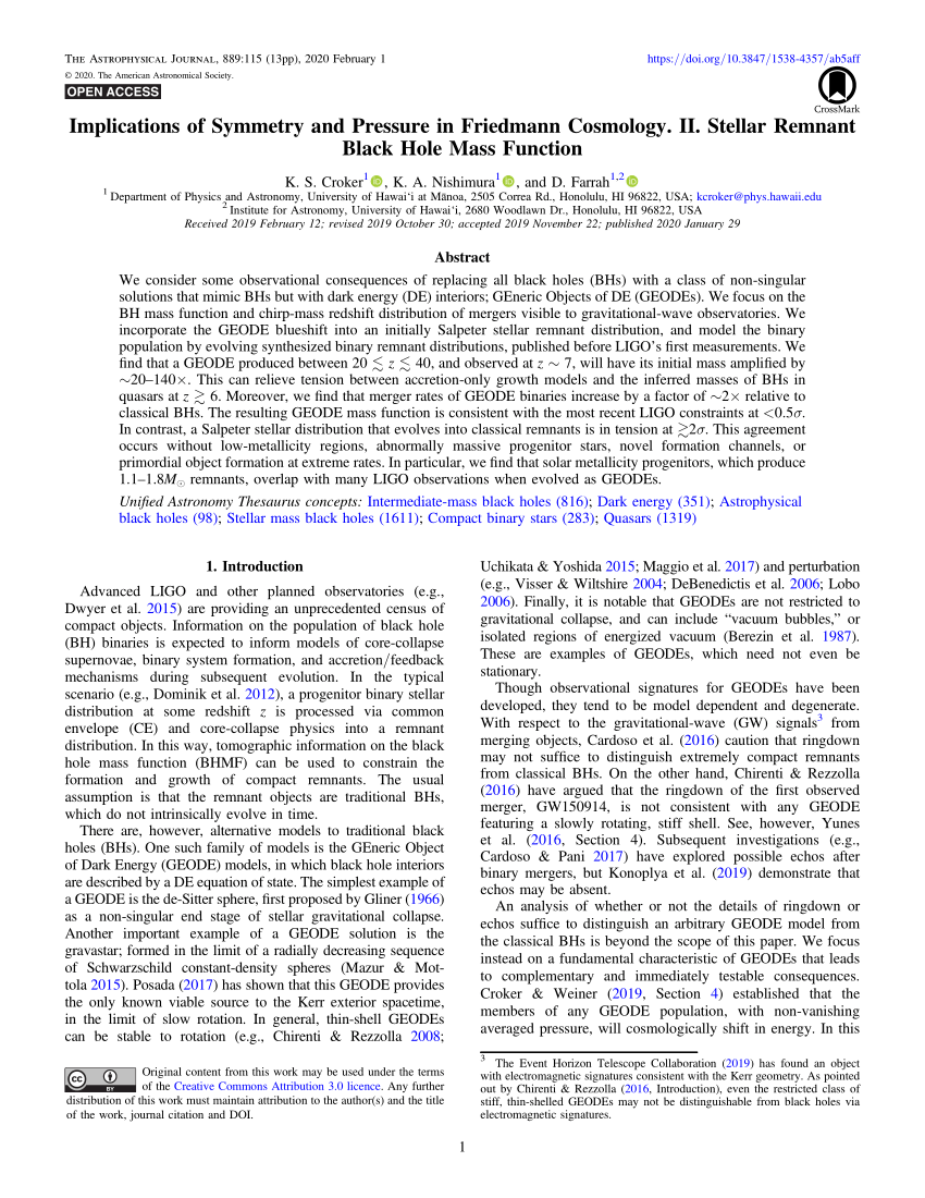 Pdf Implications Of Symmetry And Pressure In Friedmann Cosmology Ii Stellar Remnant Black Hole Mass Function