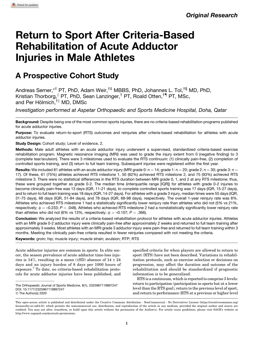 Pdf Return To Sport After Criteria Based Rehabilitation Of Acute Adductor Injuries In Male Athletes A Prospective Cohort Study
