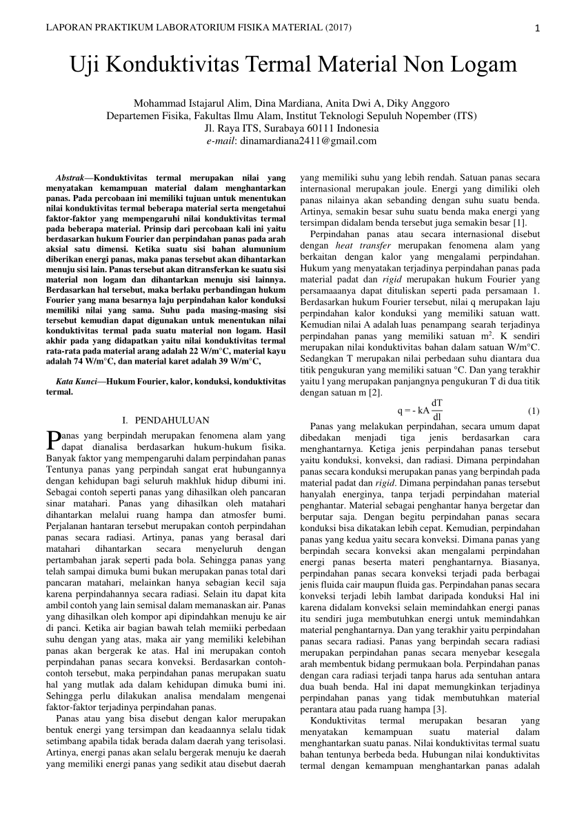 Pdf Uji Konduktivitas Termal Material Non Logam