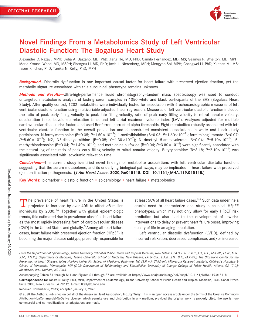 pdf novel findings from a metabolomics study of left ventricular diastolic function the bogalusa heart study researchgate