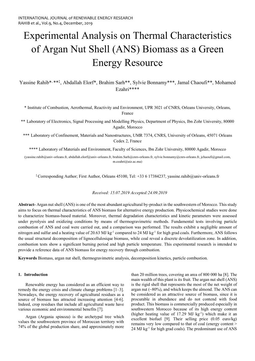 Pdf Experimental Analysis On Thermal Characteristics Of Argan Nut Shell Ans Biomass As A Green Energy Resource