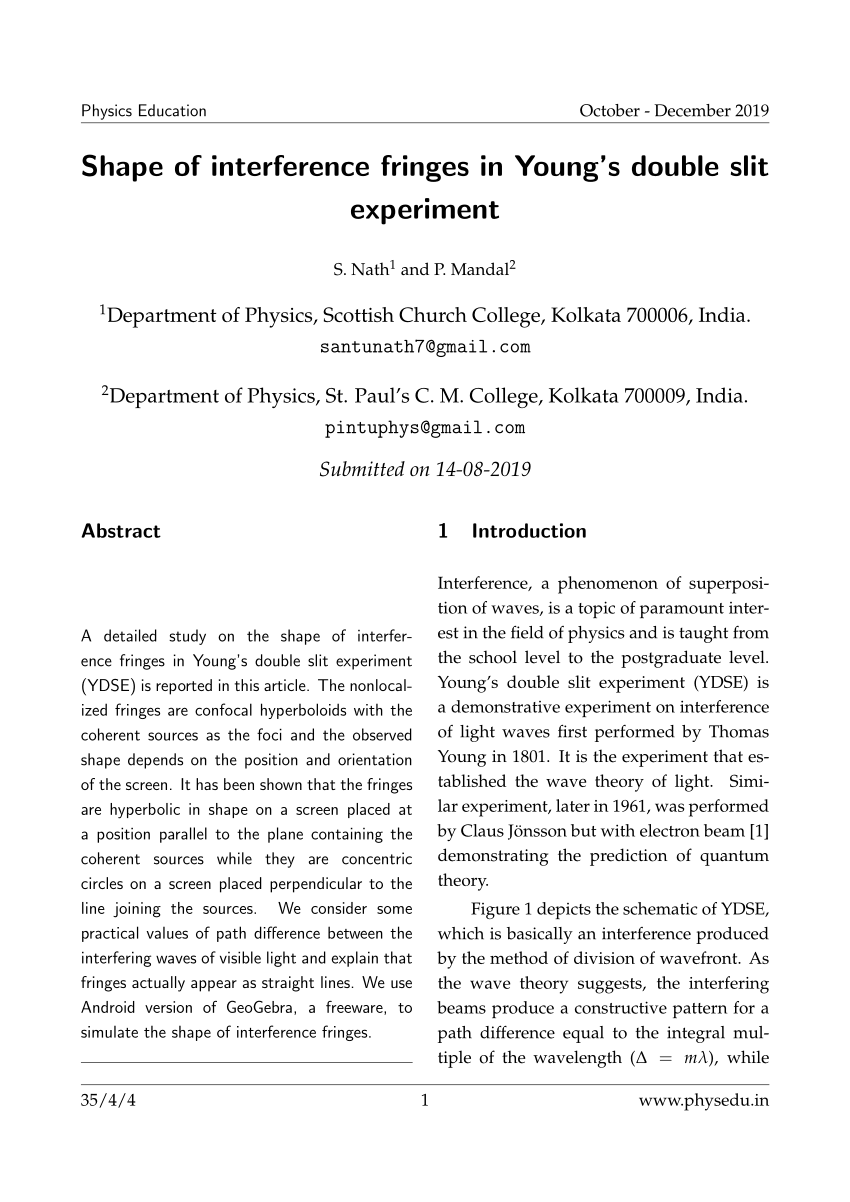 PDF) Physics Education Shape of interference fringes in Young's double slit  experiment