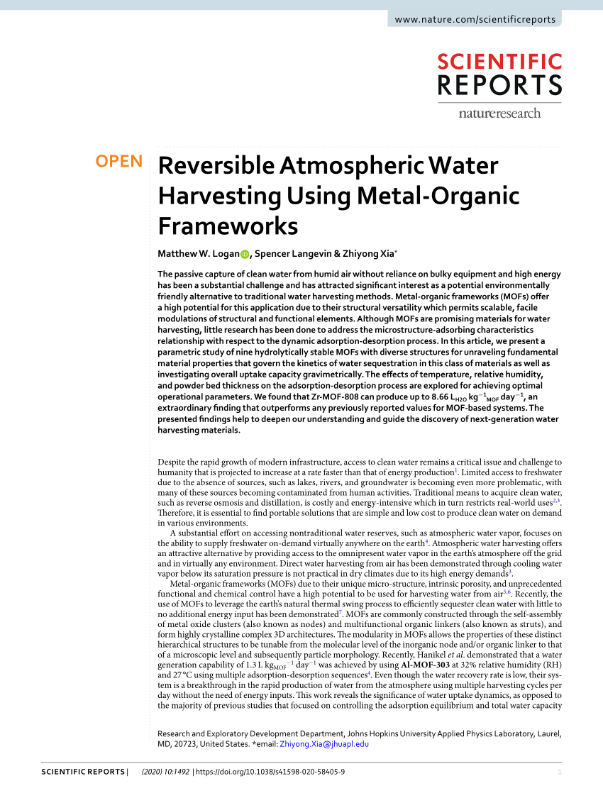 PDF) Reversible Atmospheric Water Harvesting Using Metal-Organic 