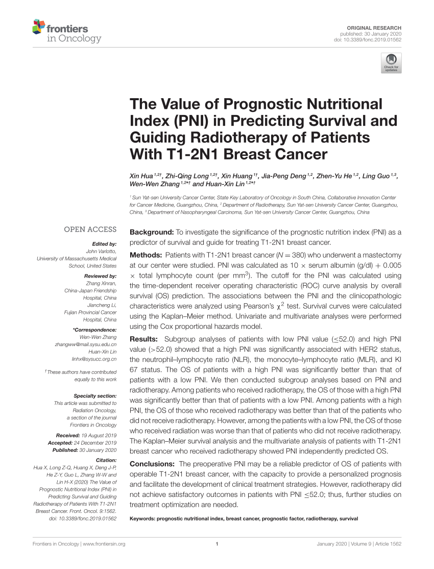 Pdf The Value Of Prognostic Nutritional Index Pni In Predicting Survival And Guiding 1964