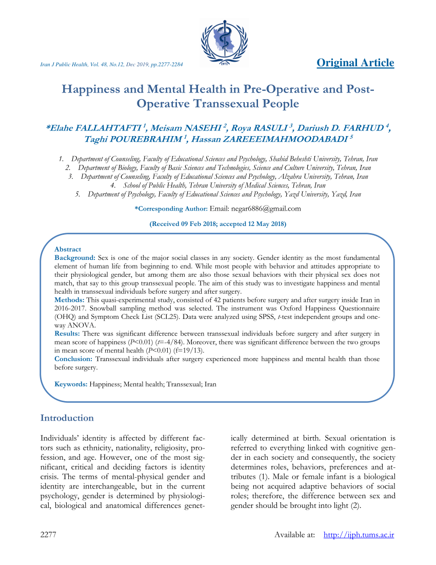 PDF) Happiness and Mental Health in Pre-Operative and Post-Operative  Transsexual People