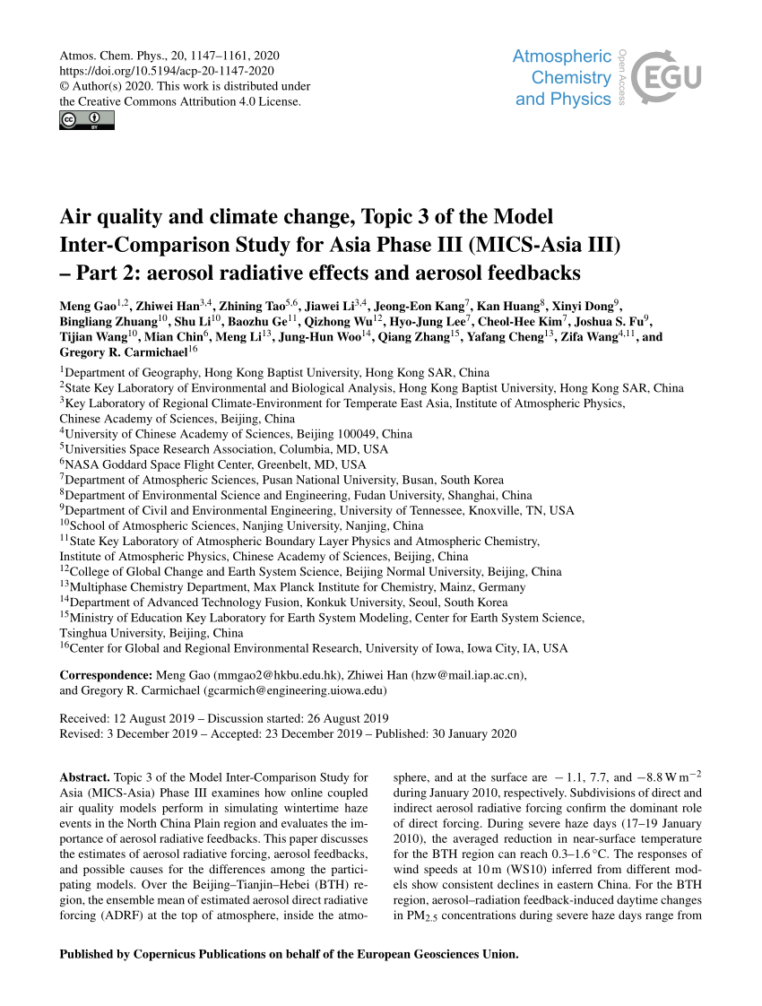 Pdf Air Quality And Climate Change Topic 3 Of The Model Inter Comparison Study For Asia Phase Iii Mics Asia Iii Part 2 Aerosol Radiative Effects And Aerosol Feedbacks