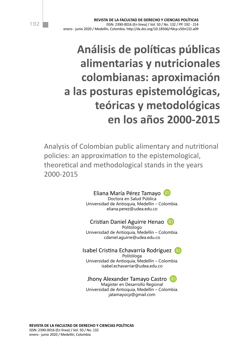 PDF) de políticas públicas alimentarias y nutricionales colombianas: aproximación a posturas epistemológicas, teóricas y metodológicas en los años 2000-2015