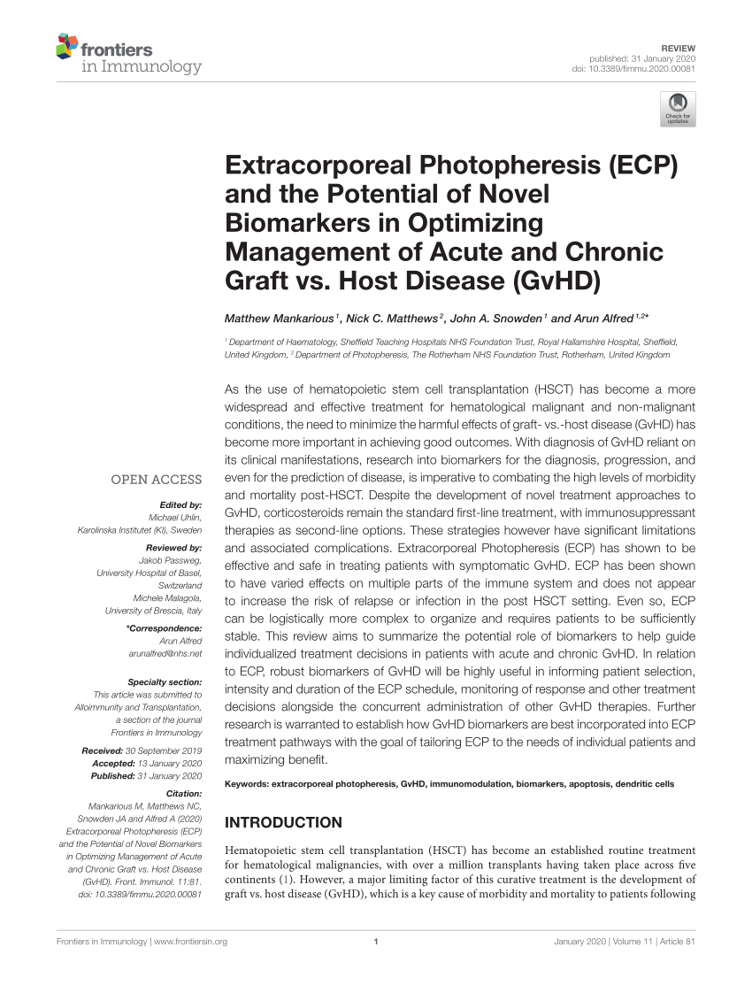 Frontiers  Extracorporeal photopheresis as an immunomodulatory treatment  modality for chronic GvHD and the importance of emerging biomarkers