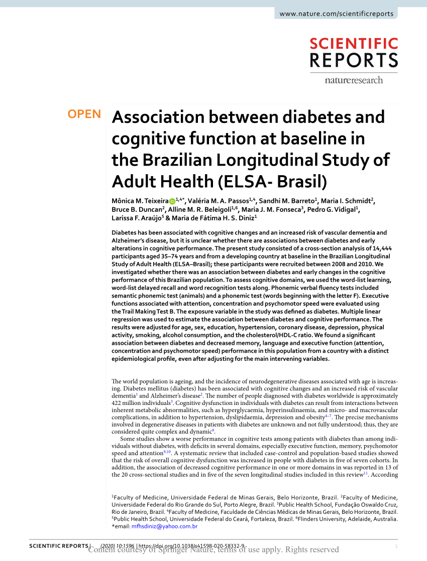 Association between diabetes and cognitive function at baseline in