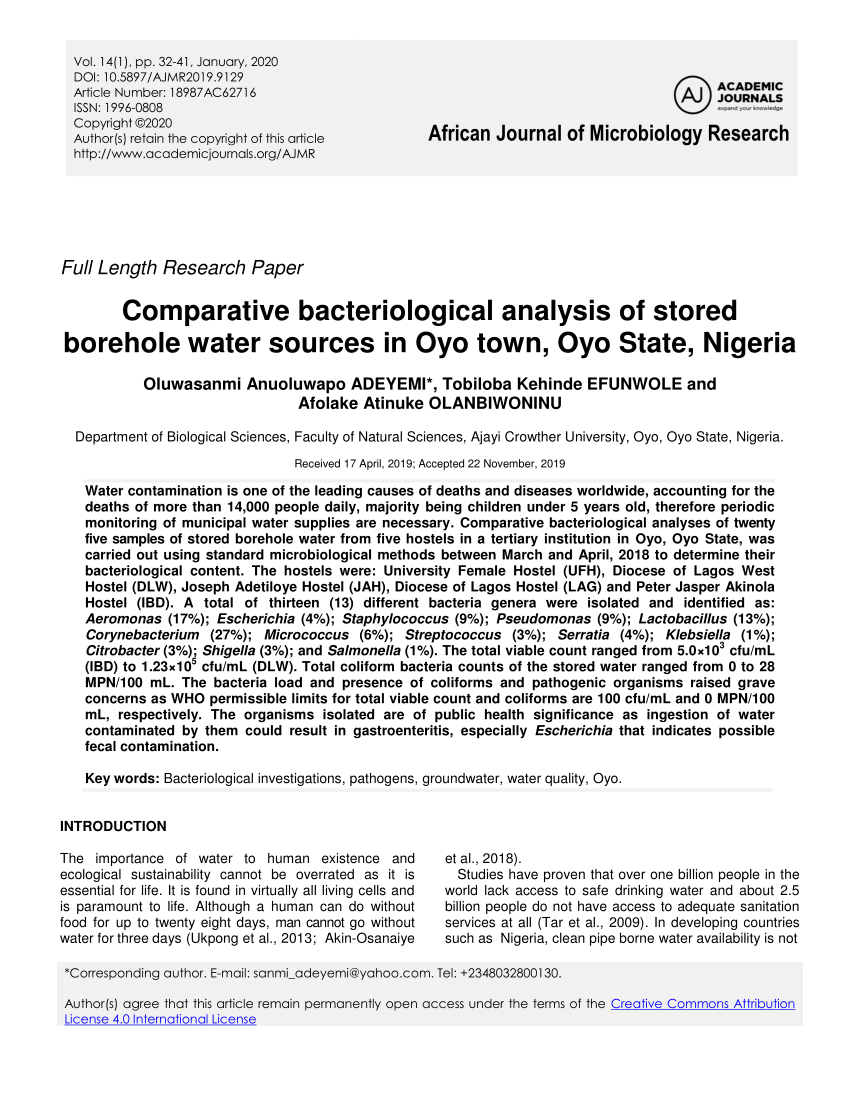 literature review on bacteriological analysis of borehole water