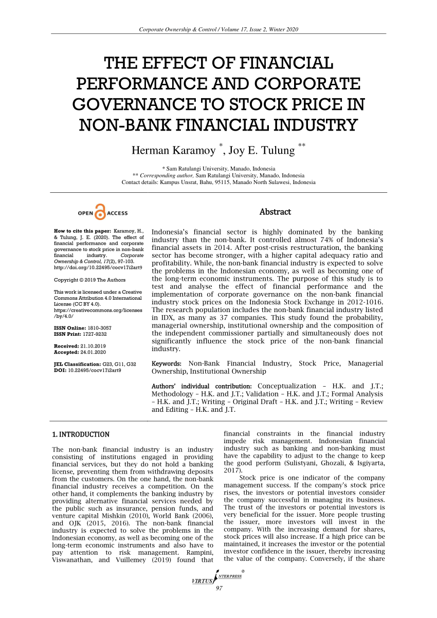 Pdf The Effect Of Financial Performance And Corporate Governance To Stock Price In Non Bank Financial Industry