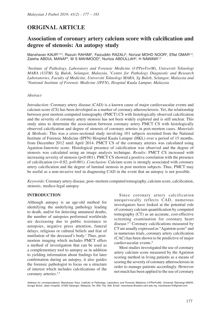 Pdf Association Of Coronary Artery Calcium Score With Calcification And Degree Of Stenosis An Autopsy Study