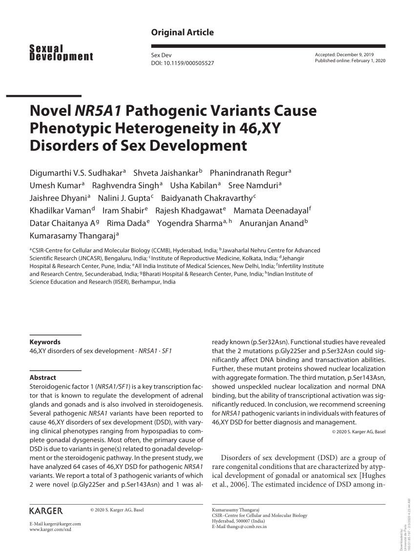 Pdf Novel Nr5a1 Pathogenic Variants Cause Phenotypic Heterogeneity In