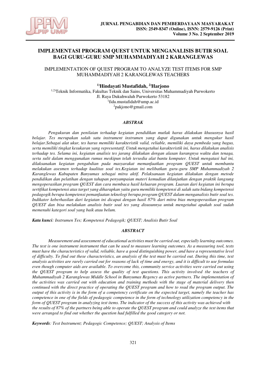 Pdf Implementasi Program Quest Untuk Menganalisis Butir Soal Bagi Guru Guru Smp Muhammadiyah 2 Karanglewas