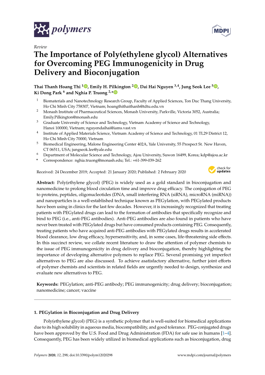 Pdf The Importance Of Poly Ethylene Glycol Alternatives For Overcoming Peg Immunogenicity In Drug Delivery And Bioconjugation