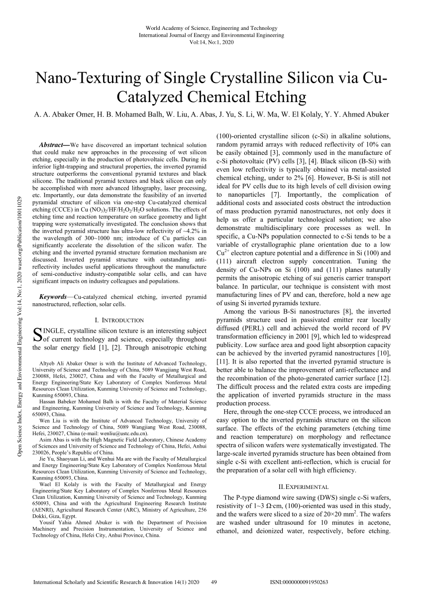 Pdf Nano Texturing Of Single Crystalline Silicon Via Cu Catalyzed Chemical Etching