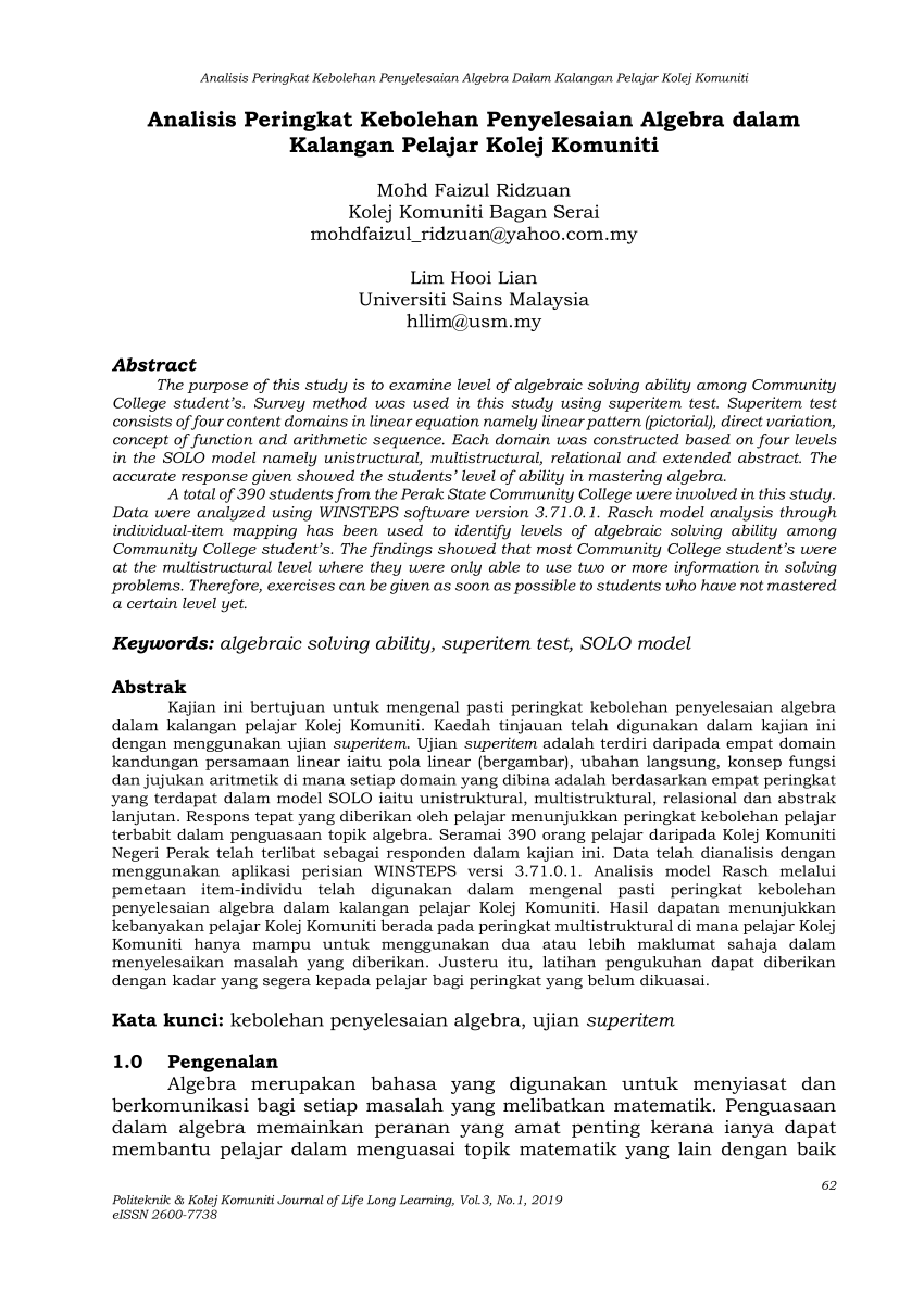 Pdf Analisis Peringkat Kebolehan Penyelesaian Algebra Dalam Kalangan Pelajar Kolej Komuniti