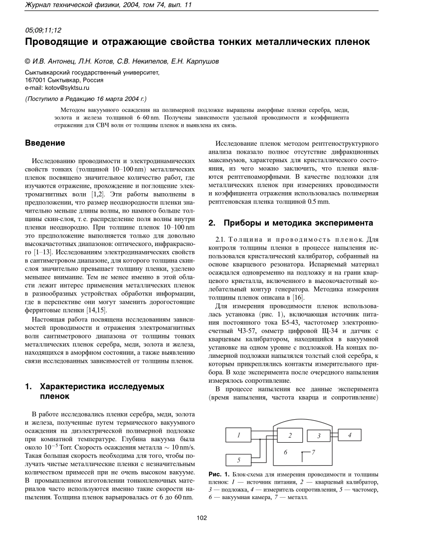 PDF) Проводящие и отражающие свойства тонких металлических пленок