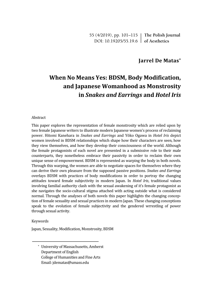 PDF) When No Means Yes: BDSM, Body Modification, and Japanese Womanhood as  Monstrosity in Snakes and Earrings and Hotel Iris