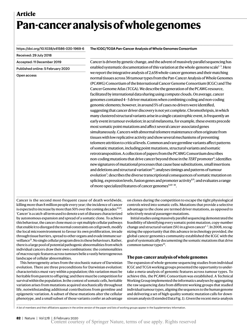 Pdf Pan Cancer Analysis Of Whole Genomes