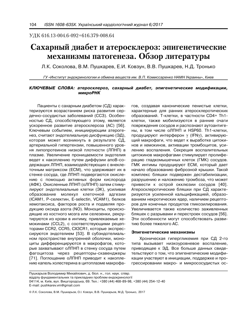 PDF) Сахарный диабет и атеросклероз: эпигенетические механизмы патогенеза.  Обзор литературы