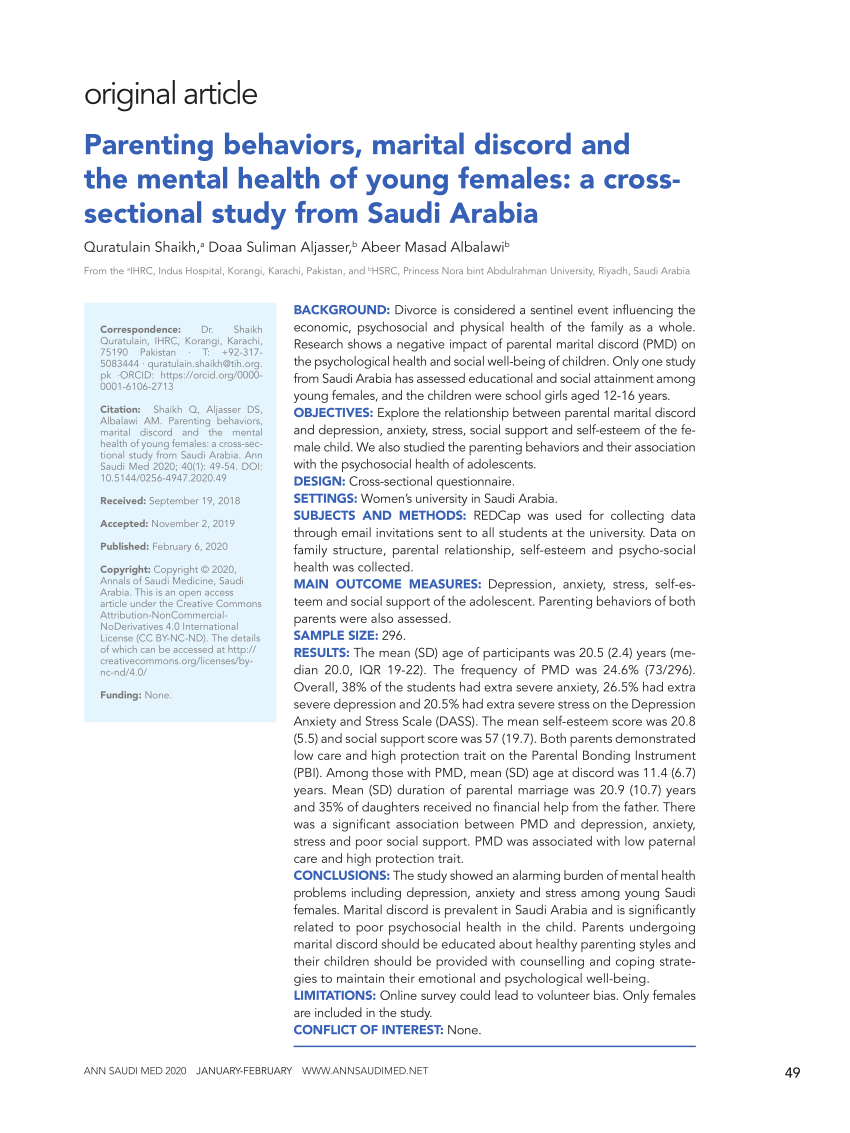 Pdf Parenting Behaviors Marital Discord And The Mental Health Of Young Females A Cross Sectional Study From Saudi Arabia