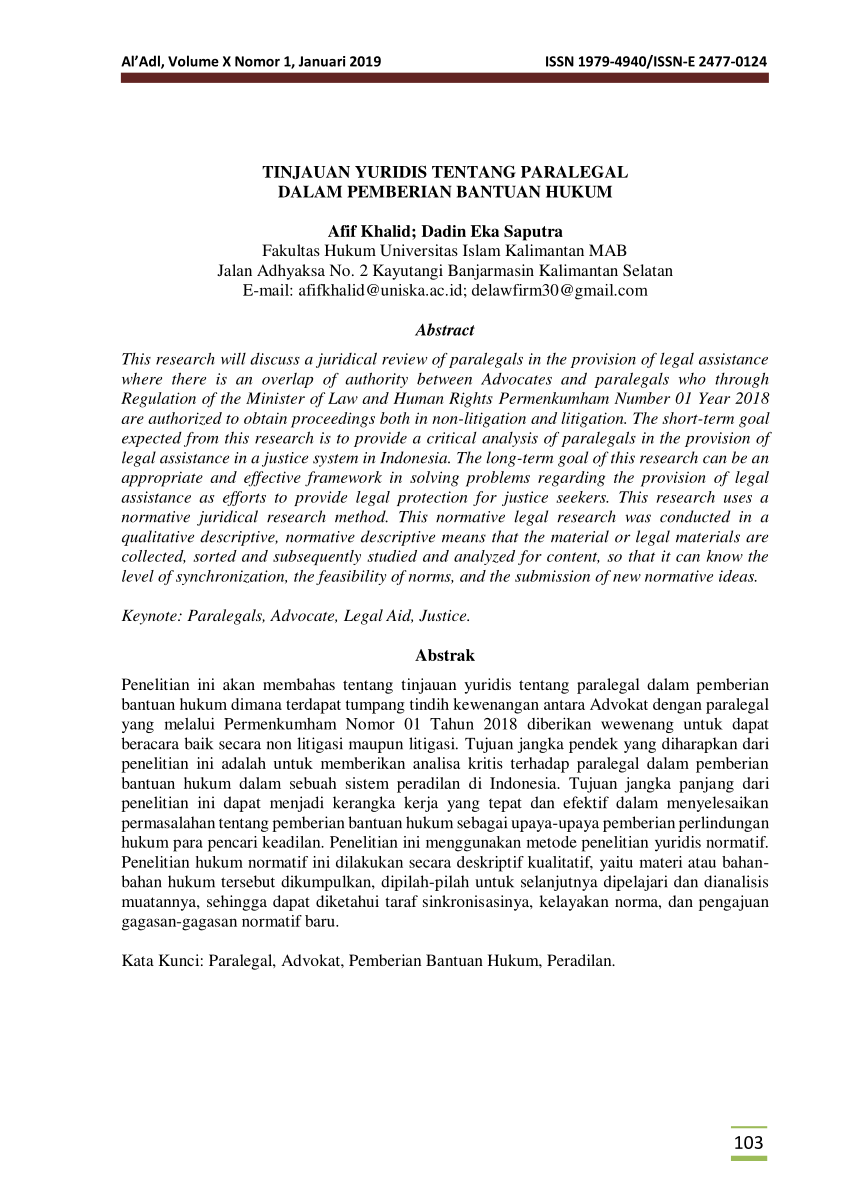 Pdf Tinjauan Yuridis Tentang Paralegal Dalam Pemberian Bantuan Hukum