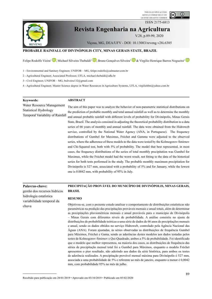 Pdf Probable Rainfall Of Divinopolis City Minas Gerais State Brazil